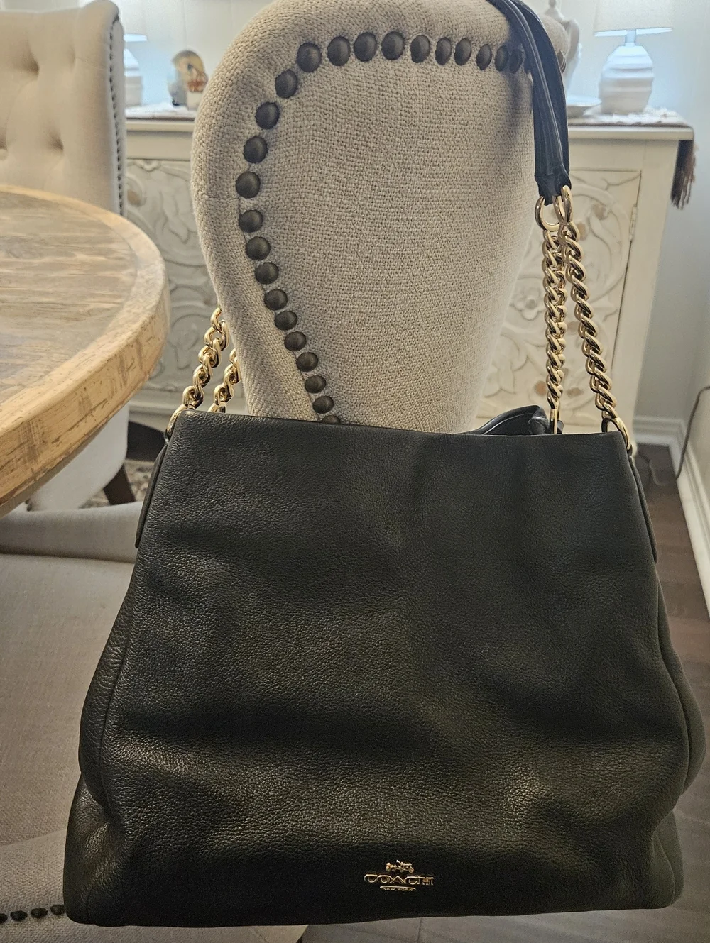Coach Black Pebbled Leather Shoulder Bag with Gold Chain - Picture 1 of 10
